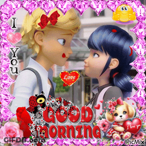 A Picture Of A Boy And A Girl Looking At Each Other With A Good Morning Message GIF
