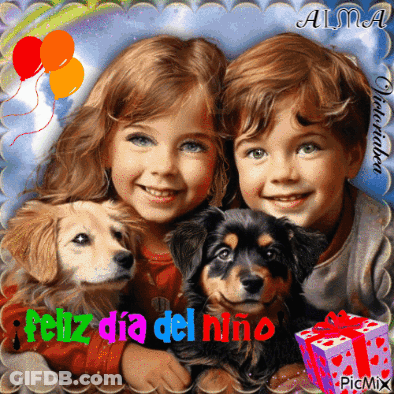 A Picture Of A Boy And A Girl With A Dog And The Words Feliz Dia Del Niño On The Bottom GIF