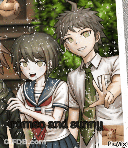 A Picture Of A Boy And A Girl With Romeo And Sunny Written Above Them GIF