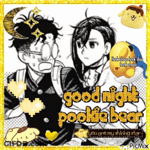 A Picture Of A Boy And A Girl With The Words " Good Night Poollie Bear " On It GIF