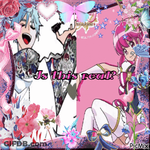 A Picture Of A Boy And A Girl With The Words " Is This Real " At The Top GIF