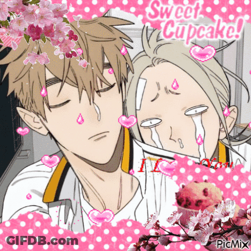 A Picture Of A Boy And A Girl With The Words Sweet Cupcake On It GIF