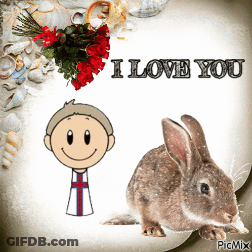 A Picture Of A Boy And A Rabbit With The Words I Love You On It GIF