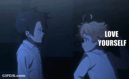 A Picture Of A Boy And Girl With The Words Love Yourself Above Them GIF