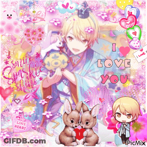 A Picture Of A Boy And Two Rabbits With The Words I Love You Written On It GIF