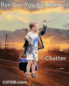 A Picture Of A Boy Holding A Bag With The Words Bye Bye You Are Banned GIF