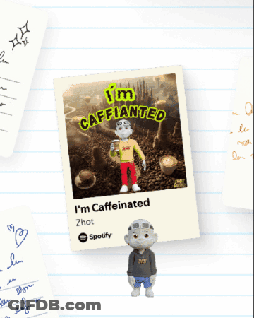 A Picture Of A Boy Holding A Cup Of Coffee With The Words I 'M Caffeinated On It GIF