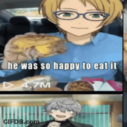 A Picture Of A Boy Holding A Hamburger With The Caption " He Was So Happy To Eat It " GIF