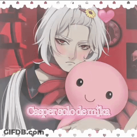 A Picture Of A Boy Holding A Pink Stuffed Animal With The Name Casper Solo Demika Written On It GIF