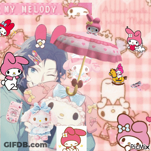 A Picture Of A Boy Holding A Stuffed Animal Surrounded By My Melody Icons GIF