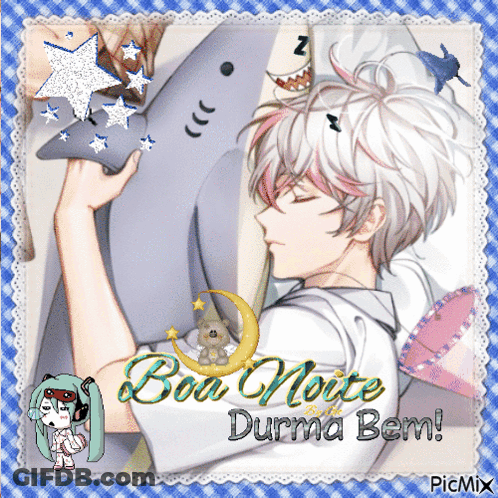 A Picture Of A Boy Holding A Stuffed Shark With The Words Boa Noite Durma Bem On The Bottom GIF