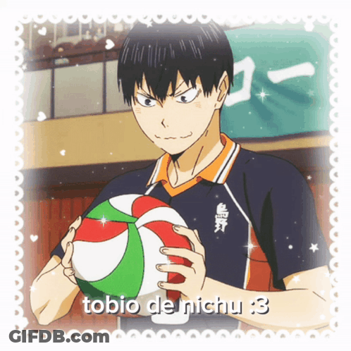 A Picture Of A Boy Holding A Volleyball With The Words Tobio De Nichu Written Below Him GIF