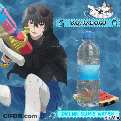 A Picture Of A Boy Holding A Water Gun Next To A Bottle Of Water And A Watermelon Slice GIF