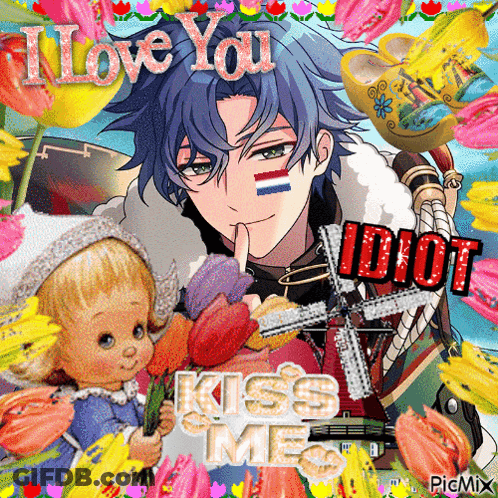 A Picture Of A Boy Holding Flowers With The Words I Love You Idiot Kiss Me On It GIF