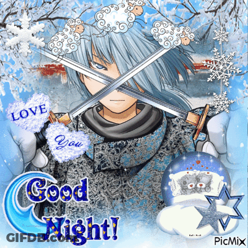 A Picture Of A Boy Holding Two Swords With The Words Good Night On It GIF