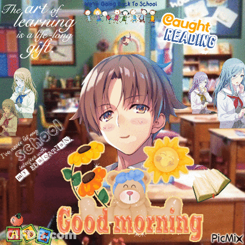 A Picture Of A Boy In A Classroom With The Words Good Morning On It GIF