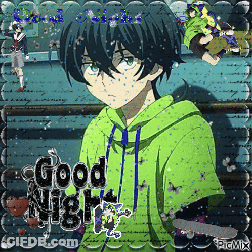A Picture Of A Boy In A Green Hoodie With The Words Good Night On It GIF