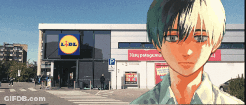 A Picture Of A Boy In Front Of A Store That Says Lidl GIF