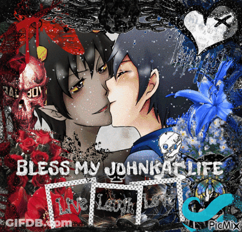 A Picture Of A Boy Kissing Another Boy With The Words Bless My Johnkat Life GIF
