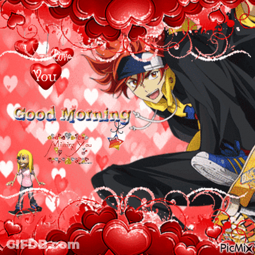 A Picture Of A Boy On A Skateboard With Hearts And The Words Good Morning GIF