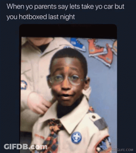 A Picture Of A Boy Scout With A Caption That Says " When Yo Parents Say Lets Take Yo Car But You Hotboxed Last Night GIF