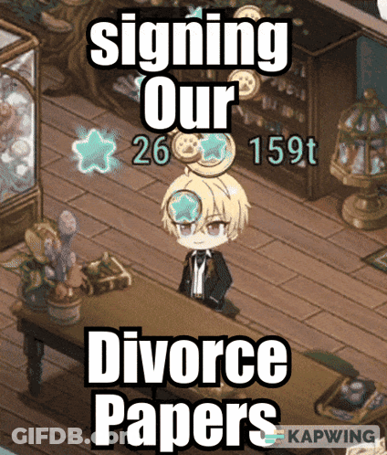 A Picture Of A Boy Sitting At A Table With The Words Signing Our Divorce Papers On It GIF