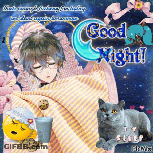 A Picture Of A Boy Sleeping With The Words " Good Night " On It GIF