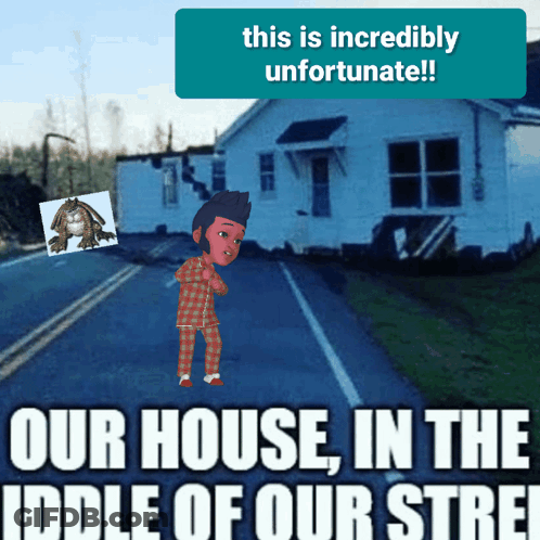 A Picture Of A Boy Standing In Front Of A House That Has Been Destroyed GIF