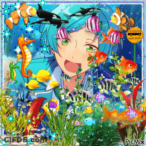 A Picture Of A Boy Surrounded By Fish With A Bus Stop In The Background GIF