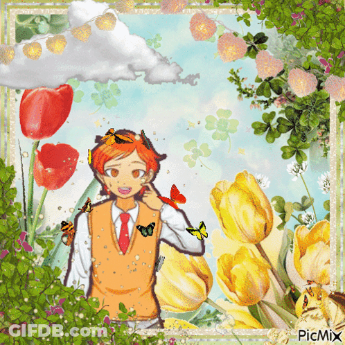 A Picture Of A Boy Surrounded By Flowers And Butterflies Has The Word Picmix On The Bottom GIF