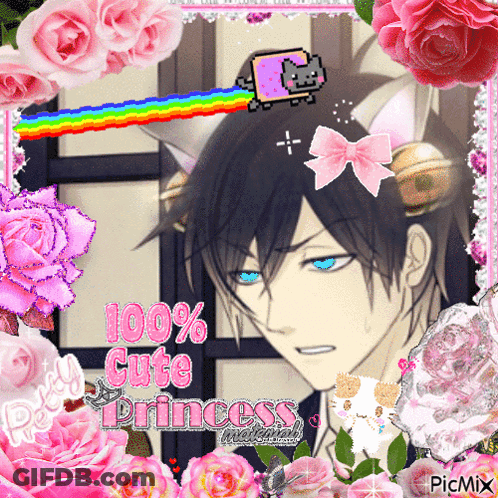 A Picture Of A Boy Surrounded By Pink Flowers With The Words 100 % Cute Princess Written On The Bottom GIF