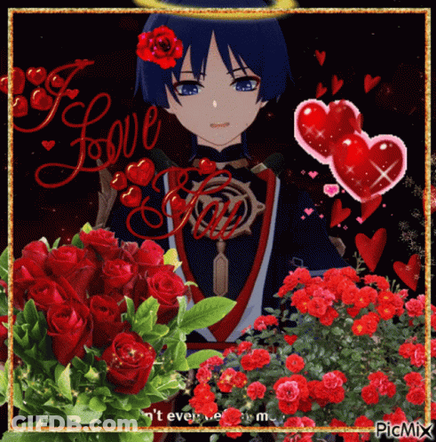 A Picture Of A Boy Surrounded By Red Roses With The Words I Love You On The Bottom GIF