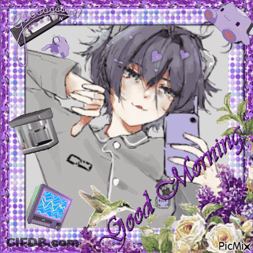A Picture Of A Boy Taking A Selfie With The Words Good Morning Written On The Bottom GIF