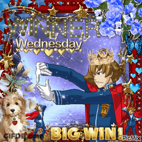 A Picture Of A Boy Wearing A Crown With The Words Winner Wednesday Big Win GIF