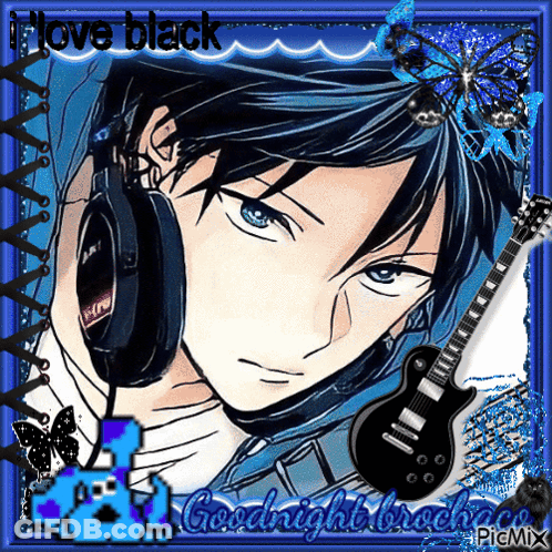 A Picture Of A Boy Wearing Headphones And A Guitar With The Words " I Love Black " GIF
