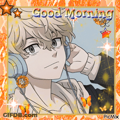 A Picture Of A Boy Wearing Headphones With The Words Good Morning Written Above Him GIF