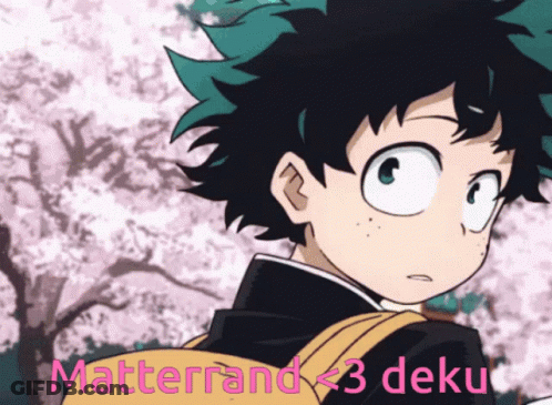 A Picture Of A Boy With A Backpack And The Words Matterrand < 3 Deku On The Bottom GIF