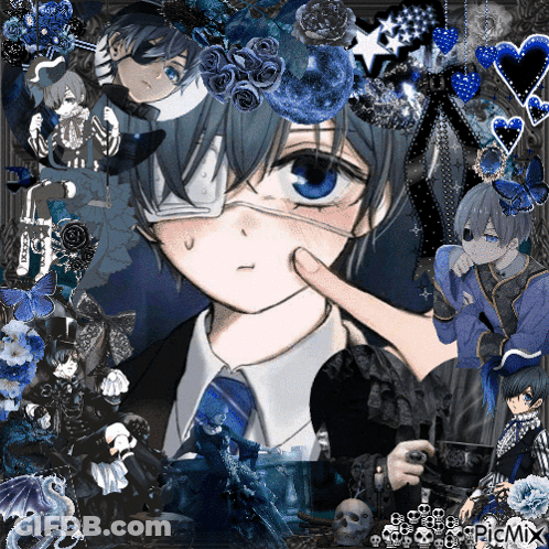 A Picture Of A Boy With A Bandage On His Eye And A Crown Of Blue Roses GIF