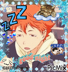 A Picture Of A Boy With A Cat Sleeping On A Cloud And The Words Good Night GIF