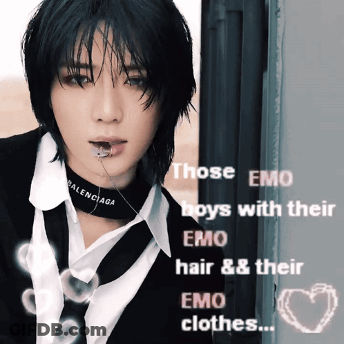 A Picture Of A Boy With A Choker That Says Those Emo Boys With Their Emo Hair & Their Emo Clothes GIF