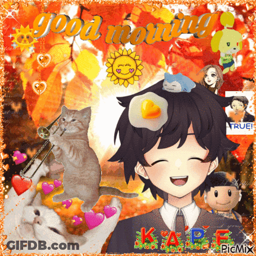 A Picture Of A Boy With A Fried Egg On His Head And The Words " Good Morning " GIF