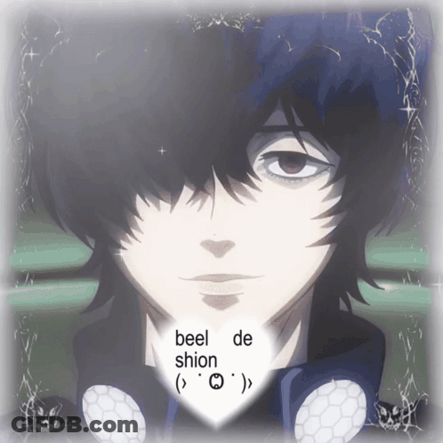 A Picture Of A Boy With A Heart That Says ' Beel De Shion ' GIF