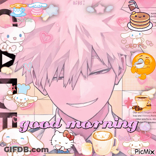 A Picture Of A Boy With A Hello Kitty Ribbon Around His Neck And The Words Good Morning GIF