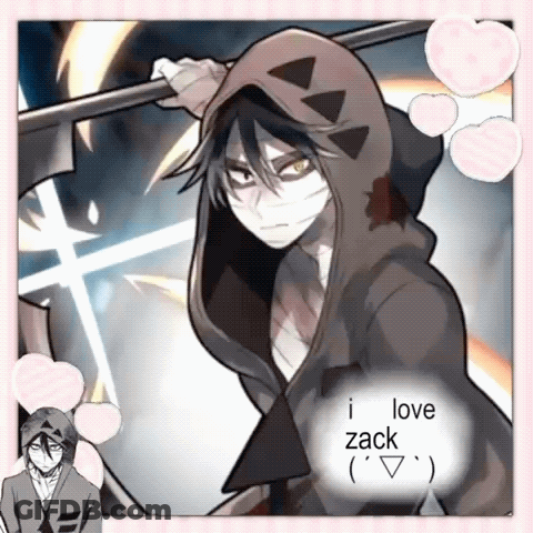 A Picture Of A Boy With A Hood And The Words " I Love Zack " On The Bottom GIF