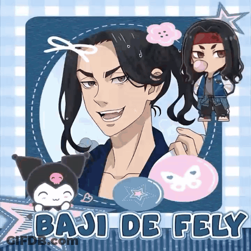 A Picture Of A Boy With A Ponytail And The Name Baji De Fely GIF