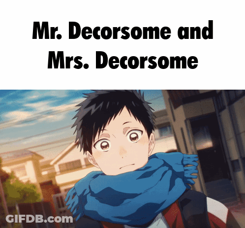 A Picture Of A Boy With A Scarf Around His Neck And The Words Mr. Decorsome And Mrs. Decorsome Above Him GIF