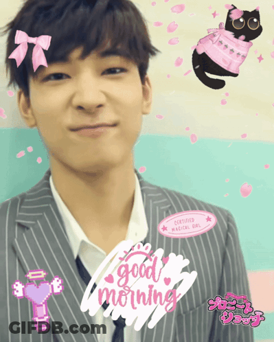 A Picture Of A Boy With A Sticker That Says Good Morning On It GIF