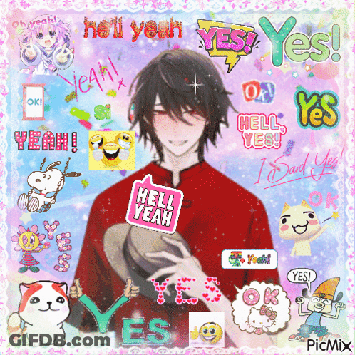 A Picture Of A Boy With A Sticker That Says " Hell Yeah " On It GIF