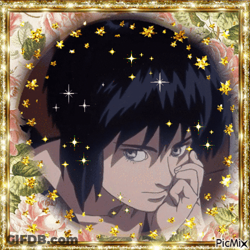 A Picture Of A Boy With Black Hair Is Surrounded By Flowers And Stars GIF