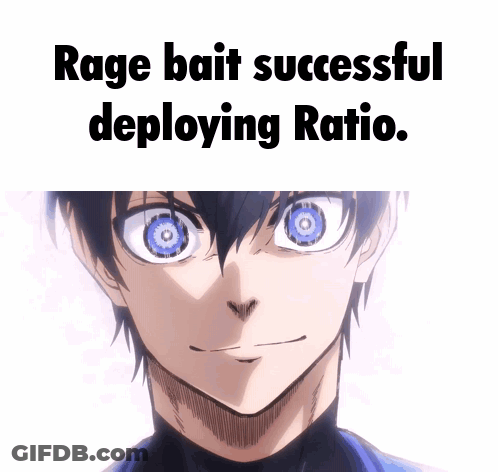 A Picture Of A Boy With Blue Eyes And The Words " Rage Bait Successful Deploying Ratio " Below Him GIF
